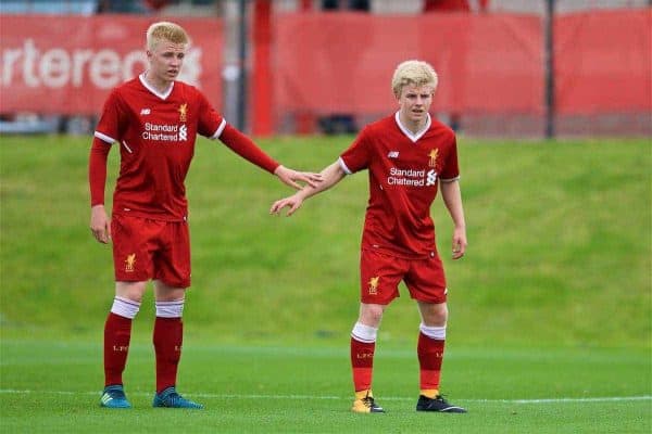 KIRKBY, ENGLAND - Saturday, August 19, 2017: Liverpool's Luis Longstaff and Edvard Sandvik Tagseth during an Under-18 FA Premier League match between Liverpool and Blackburn Rovers at the Kirkby Academy. (Pic by David Rawcliffe/Propaganda)