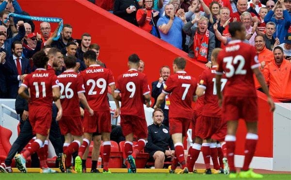 LIVERPOOL, ENGLAND - Saturday, August 19, 2017: Liverpool's press officer Matt McCann celebrates a goal during the FA Premier League match between Liverpool and Crystal Palace at Anfield. (Pic by David Rawcliffe/Propaganda)