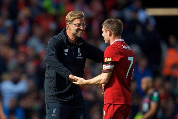 LIVERPOOL, ENGLAND - Saturday, August 19, 2017: Liverpool's manager Jürgen Klopp celebrates the 1-0 victory with James Milner during the FA Premier League match between Liverpool and Crystal Palace at Anfield. (Pic by David Rawcliffe/Propaganda)