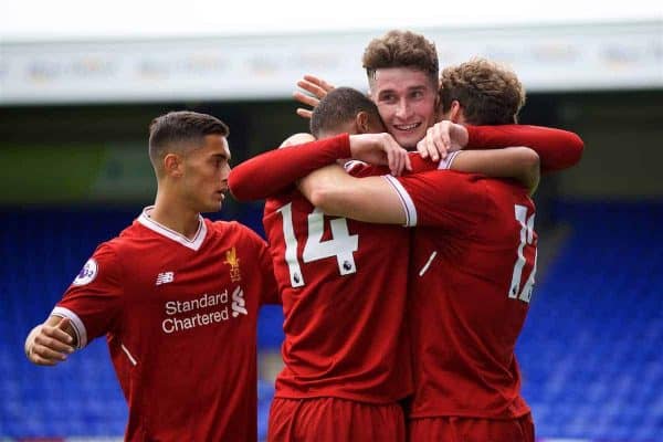 BIRKENHEAD, ENGLAND - Sunday, August 20, 2017: Liverpool's Matty Virtue [#12] celebrates scoring the third goal with team-mates Rhian Brewster [#14] and captain Corey Whelan during the Under-23 FA Premier League 2 Division 1 match between Liverpool and Sunderland at Prenton Park. (Pic by David Rawcliffe/Propaganda)