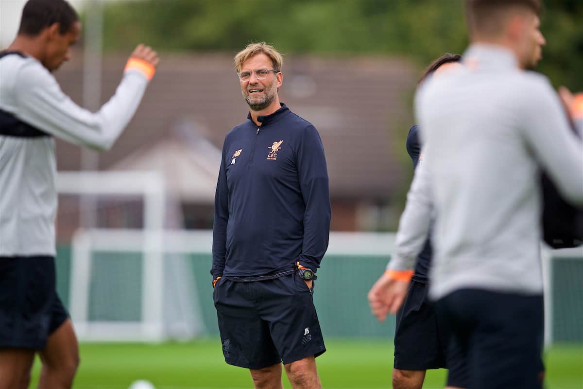 LIVERPOOL, ENGLAND - Tuesday, August 22, 2017: Liverpool's manager Jürgen Klopp during a training session at Melwood Training Ground ahead of the UEFA Champions League Play-Off 2nd Leg match against TSG 1899 Hoffenheim. (Pic by David Rawcliffe/Propaganda)