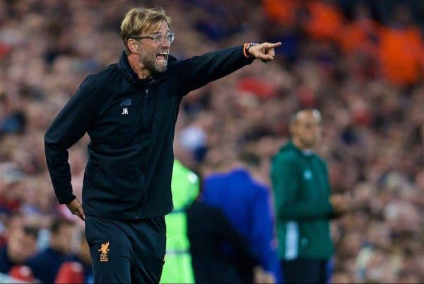 LIVERPOOL, ENGLAND - Wednesday, August 23, 2017: Liverpool's manager Jürgen Klopp reacts after TSG 1899 Hoffenheim's first goal during the UEFA Champions League Play-Off 2nd Leg match between Liverpool and TSG 1899 Hoffenheim at Anfield. (Pic by David Rawcliffe/Propaganda)