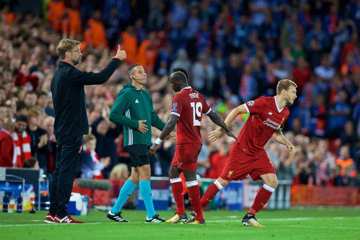 LIVERPOOL, ENGLAND - Wednesday, August 23, 2017: Liverpool's Sadio Mane is replaced by substitute Ragnar Klavan by manager Jürgen Klopp during the UEFA Champions League Play-Off 2nd Leg match between Liverpool and TSG 1899 Hoffenheim at Anfield. (Pic by David Rawcliffe/Propaganda)