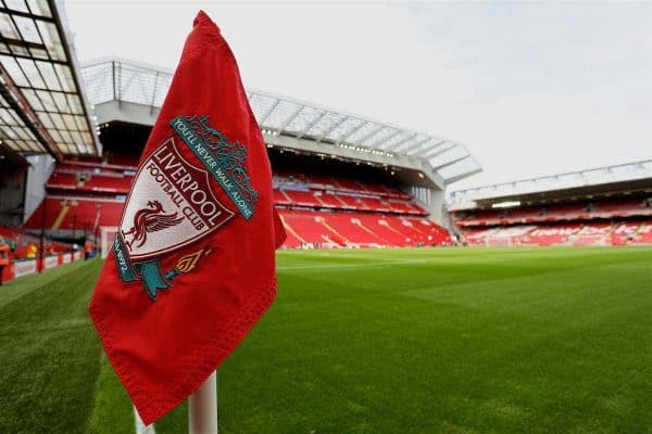 LIVERPOOL, ENGLAND - Sunday, August 27, 2017: The LFC branded corner flag at Anfield ahead of the FA Premier League match between Liverpool and Arsenal. (Pic by David Rawcliffe/Propaganda)