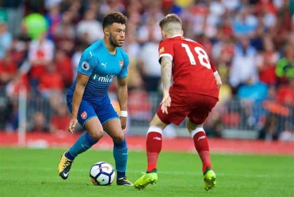 LIVERPOOL, ENGLAND - Sunday, August 27, 2017: Arsenal's Alex Oxlade-Chamberlain and Liverpool's Alberto Moreno during the FA Premier League match between Liverpool and Arsenal at Anfield. (Pic by David Rawcliffe/Propaganda)