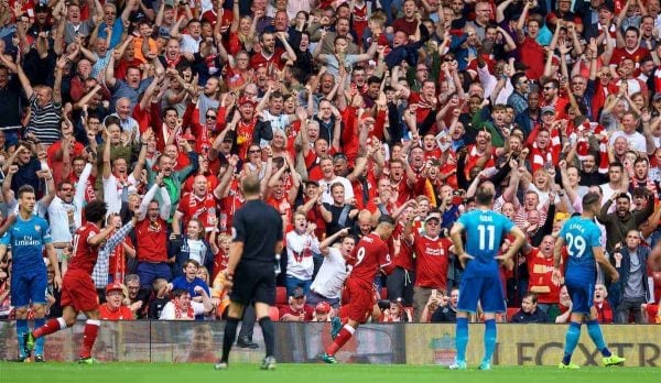 LIVERPOOL, ENGLAND - Sunday, August 27, 2017: Liverpool's Roberto Firmino celebrates scoring the first goal during the FA Premier League match between Liverpool and Arsenal at Anfield. (Pic by David Rawcliffe/Propaganda)