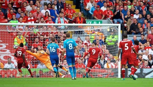 LIVERPOOL, ENGLAND - Sunday, August 27, 2017: Liverpool's Roberto Firmino scores the first goal during the FA Premier League match between Liverpool and Arsenal at Anfield. (Pic by David Rawcliffe/Propaganda)