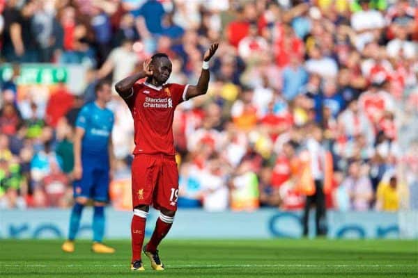 LIVERPOOL, ENGLAND - Sunday, August 27, 2017: Liverpool's Sadio Mane celebrates scoring the second goal as the supporters on the Spion Kop sing his name during the FA Premier League match between Liverpool and Arsenal at Anfield. (Pic by David Rawcliffe/Propaganda)