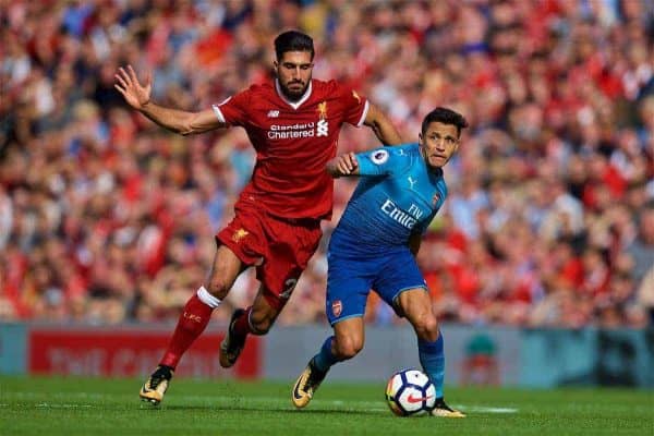 LIVERPOOL, ENGLAND - Sunday, August 27, 2017: Liverpool's Emre Can and Arsenal's Alexis Sanchez during the FA Premier League match between Liverpool and Arsenal at Anfield. (Pic by David Rawcliffe/Propaganda)