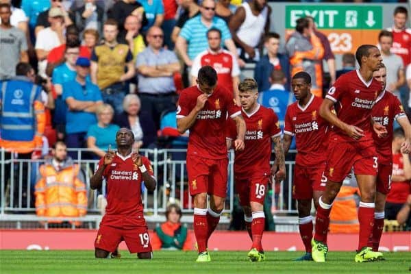 LIVERPOOL, ENGLAND - Sunday, August 27, 2017: Liverpool's Sadio Mane prays as he celebrates scoring the second goal during the FA Premier League match between Liverpool and Arsenal at Anfield. (Pic by David Rawcliffe/Propaganda)