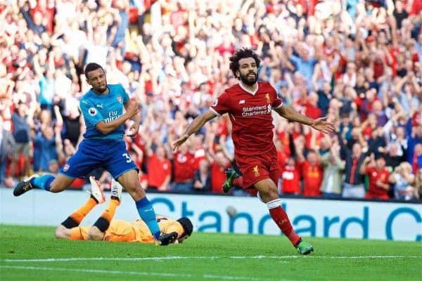 LIVERPOOL, ENGLAND - Sunday, August 27, 2017: Liverpool's Mohamed Salah celebrates scoring the third goal during the FA Premier League match between Liverpool and Arsenal at Anfield. (Pic by David Rawcliffe/Propaganda)