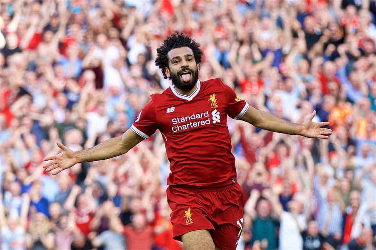 LIVERPOOL, ENGLAND - Sunday, August 27, 2017: Liverpool's Mohamed Salah celebrates scoring the third goal during the FA Premier League match between Liverpool and Arsenal at Anfield. (Pic by David Rawcliffe/Propaganda)