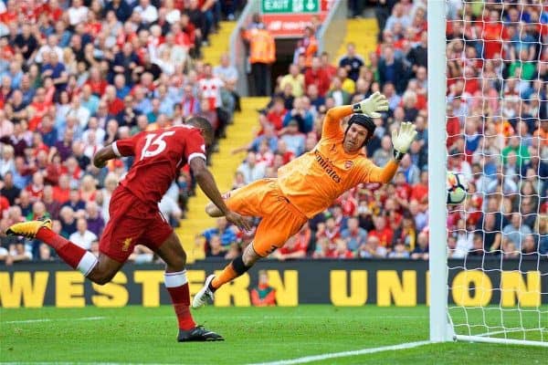 LIVERPOOL, ENGLAND - Sunday, August 27, 2017: Liverpool's Daniel Sturridge scores the fourth goal during the FA Premier League match between Liverpool and Arsenal at Anfield. (Pic by David Rawcliffe/Propaganda)