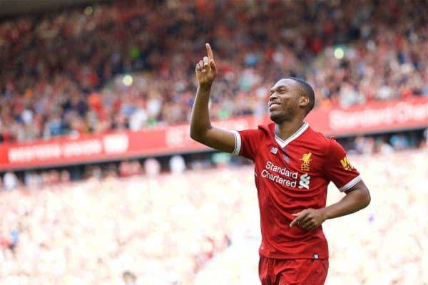 LIVERPOOL, ENGLAND - Sunday, August 27, 2017: Liverpool's Daniel Sturridge celebrates scoring the fourth goal during the FA Premier League match between Liverpool and Arsenal at Anfield. (Pic by David Rawcliffe/Propaganda)
