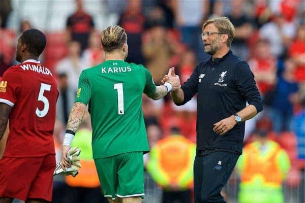 LIVERPOOL, ENGLAND - Sunday, August 27, 2017: Liverpool's manager Jürgen Klopp and goalkeeper Loris Karius after the 4-0 victory over Arsenal during the FA Premier League match between Liverpool and Arsenal at Anfield. (Pic by David Rawcliffe/Propaganda)