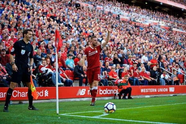 LIVERPOOL, ENGLAND - Sunday, August 27, 2017: Liverpool's captain Jordan Henderson prepares to take a corner kick during the FA Premier League match between Liverpool and Arsenal at Anfield. (Pic by David Rawcliffe/Propaganda)