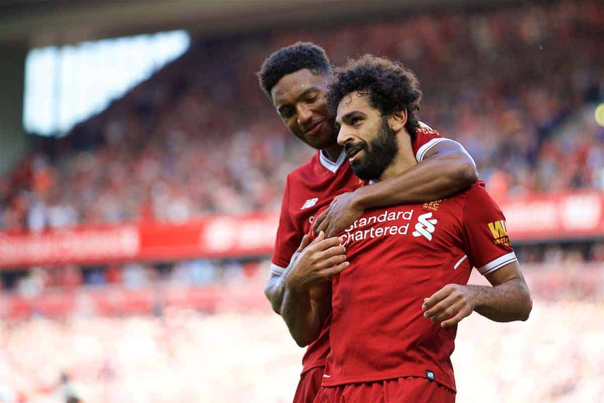 LIVERPOOL, ENGLAND - Sunday, August 27, 2017: Liverpool's Mohamed Salah celebrates scoring the third goal with team-mate Joe Gomez during the FA Premier League match between Liverpool and Arsenal at Anfield. (Pic by David Rawcliffe/Propaganda)