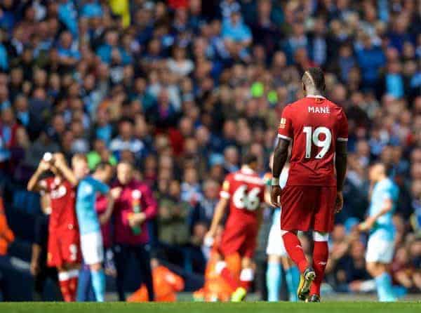 MANCHESTER, ENGLAND - Saturday, September 9, 2017: Liverpool's Sadio Mane looks dejected after being sent off during the FA Premier League match between Manchester City and Liverpool at the City of Manchester Stadium. (Pic by David Rawcliffe/Propaganda)