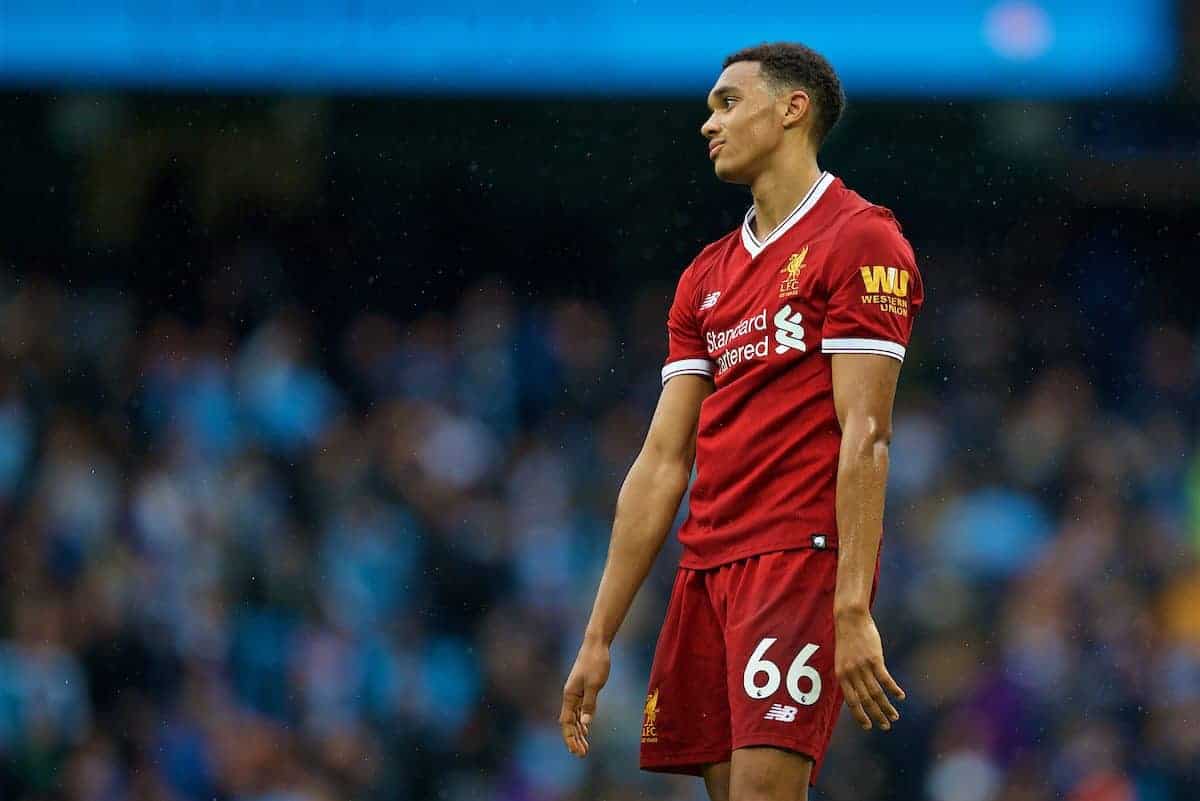 MANCHESTER, ENGLAND - Saturday, September 9, 2017: Liverpool's Trent Alexander-Arnold looks dejected after losing 5-0 to Manchester City during the FA Premier League match between Manchester City and Liverpool at the City of Manchester Stadium. (Pic by David Rawcliffe/Propaganda)