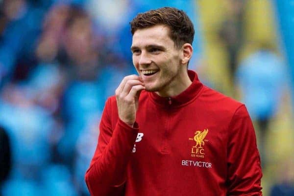 MANCHESTER, ENGLAND - Saturday, September 9, 2017: Liverpool's Andy Robertson warms-up before the FA Premier League match between Manchester City and Liverpool at the City of Manchester Stadium. (Pic by Don Jackson-Wyatt/Propaganda)