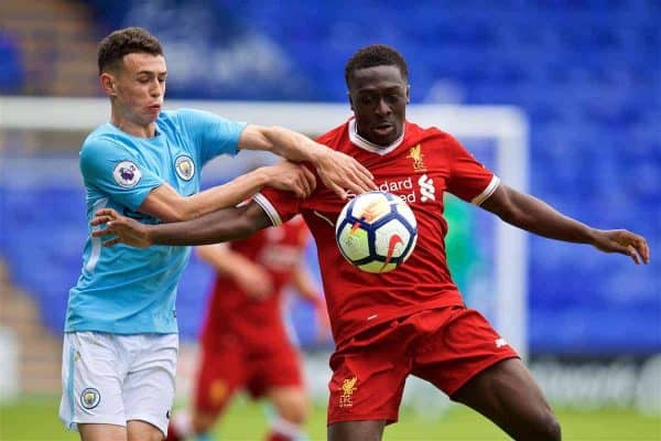 BIRKENHEAD, ENGLAND - Sunday, September 10, 2017: Liverpool's substitute Bobby Adekanye and Manchester City's Phil Foden during the Under-23 FA Premier League 2 Division 1 match between Liverpool and Manchester City at Prenton Park. (Pic by David Rawcliffe/Propaganda)