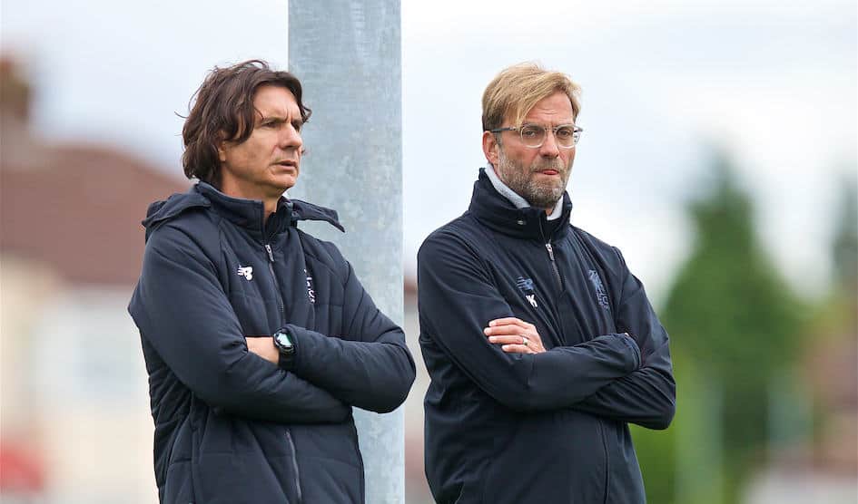 LIVERPOOL, ENGLAND - Tuesday, September 12, 2017: Liverpool's manager J¸rgen Klopp and assistant manager Zeljko Buvac [L] during a training session at Melwood Training Ground ahead of the UEFA Champions League Group E match against Sevilla FC. (Pic by David Rawcliffe/Propaganda)