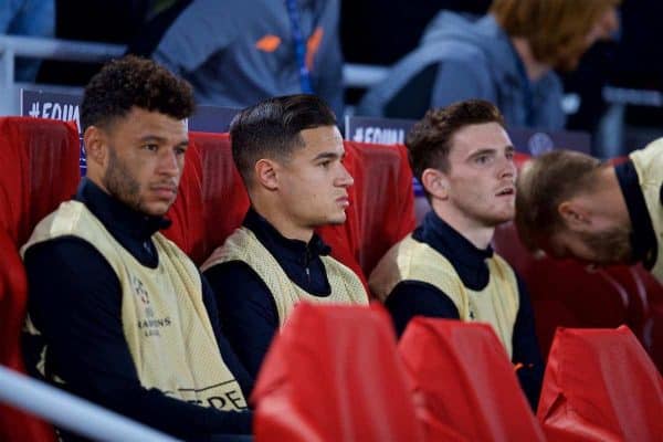 LIVERPOOL, ENGLAND - Wednesday, September 13, 2017: Liverpool's substitute Philippe Coutinho Correia sits on the bench during the UEFA Champions League Group E match between Liverpool and Sevilla at Anfield. (Pic by David Rawcliffe/Propaganda)