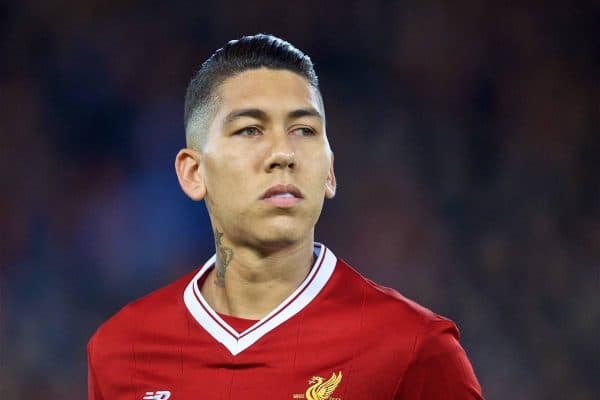 LIVERPOOL, ENGLAND - Wednesday, September 13, 2017: Liverpool's Roberto Firmino lines-up before the UEFA Champions League Group E match between Liverpool and Sevilla at Anfield. (Pic by David Rawcliffe/Propaganda)