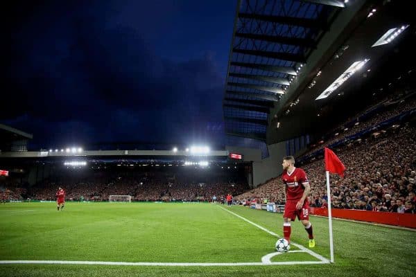 LIVERPOOL, ENGLAND - Wednesday, September 13, 2017: Liverpool's Alberto Moreno prepares to take a corner kick during the UEFA Champions League Group E match between Liverpool and Sevilla at Anfield. (Pic by David Rawcliffe/Propaganda)