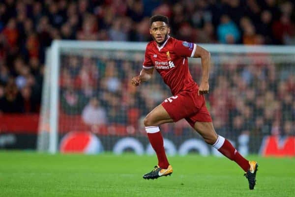 LIVERPOOL, ENGLAND - Wednesday, September 13, 2017: Liverpool's Joe Gomez during the UEFA Champions League Group E match between Liverpool and Sevilla at Anfield. (Pic by David Rawcliffe/Propaganda)