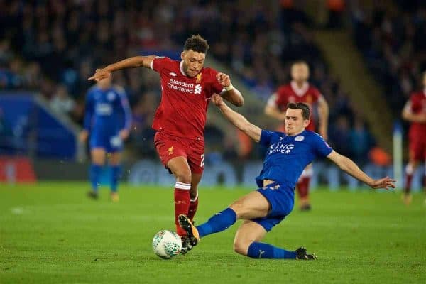 LEICESTER, ENGLAND - Tuesday, September 19, 2017: Liverpool's Alex Oxlade-Chamberlain and Leicester City's Ben Chilwell during the Football League Cup 3rd Round match between Leicester City and Liverpool at the King Power Stadium. (Pic by David Rawcliffe/Propaganda)
