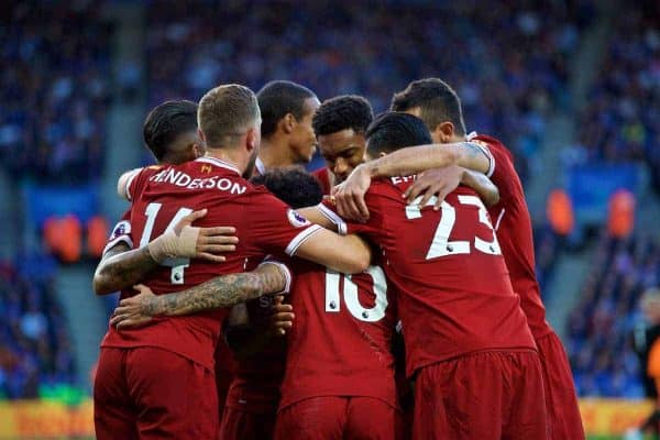 LEICESTER, ENGLAND - Saturday, September 23, 2017: Liverpool's Philippe Coutinho Correia celebrates scoring the second goal with team-mates during the FA Premier League match between Leicester City and Liverpool at the King Power Stadium. (Pic by David Rawcliffe/Propaganda)