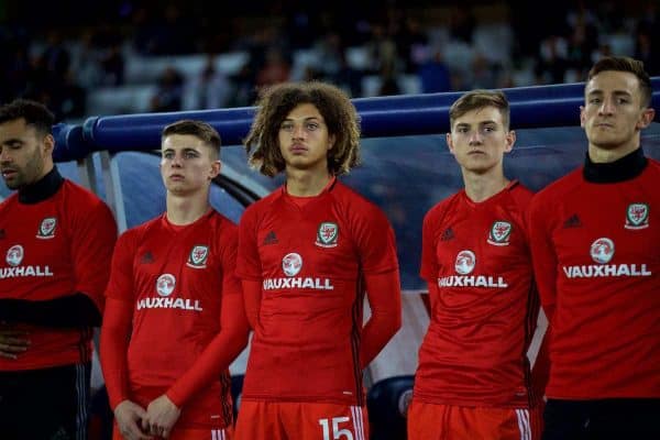 TBILSI, GEORGIA - Friday, October 6, 2017: Wales substitutes before the 2018 FIFA World Cup Qualifying Group D match between Georgia and Wales at the Boris Paichadze Dinamo Arena. Ben Woodburn, Ethan Ampadu, David Brooks. (Pic by David Rawcliffe/Propaganda)