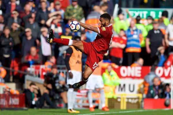 LIVERPOOL, ENGLAND - Saturday, October 14, 2017: Liverpool's Joe Gomez during the FA Premier League match between Liverpool and Manchester United at Anfield. (Pic by David Rawcliffe/Propaganda)