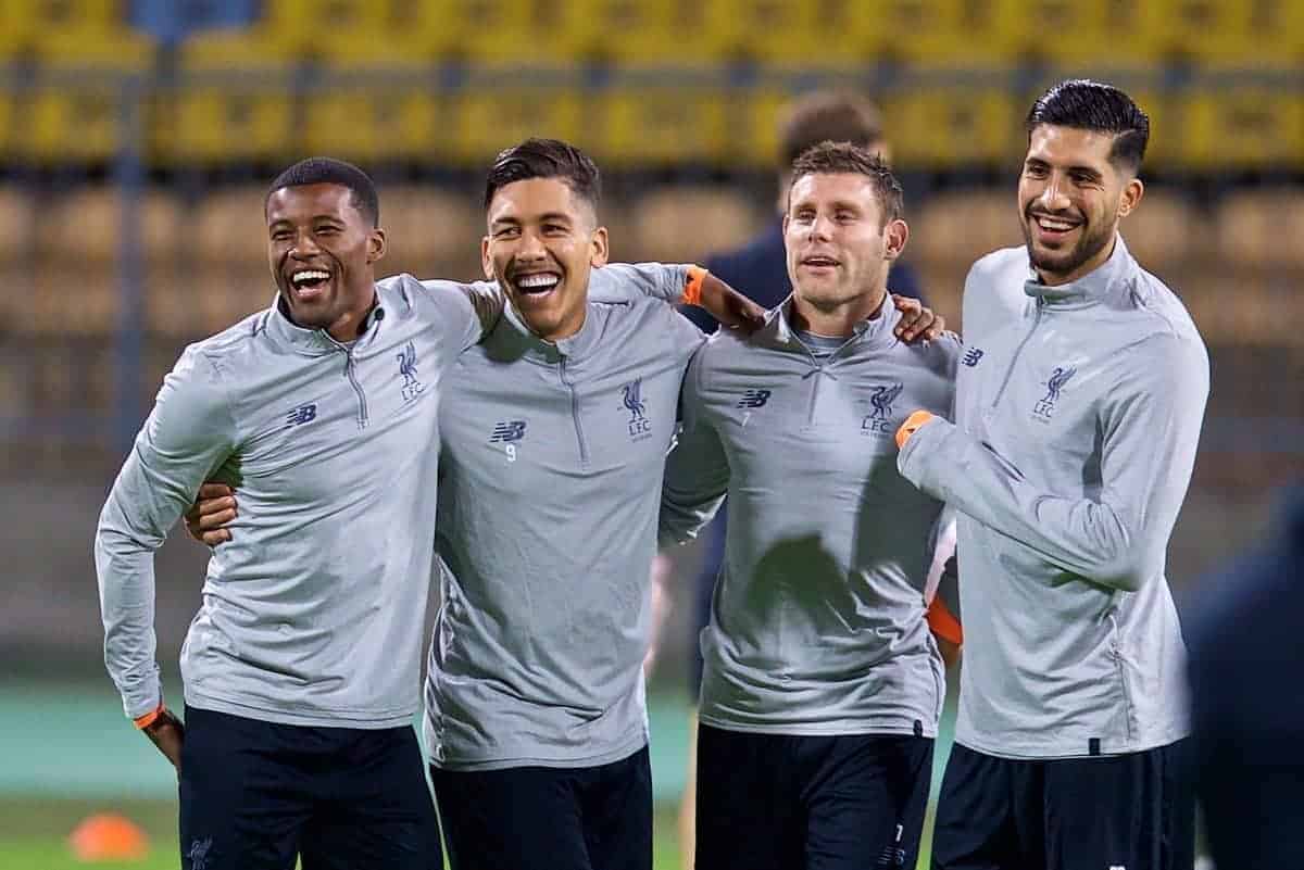 MARIBOR, SLOVENIA - Monday, October 16, 2017: Liverpool's Georginio Wijnaldum, Roberto Firmino, James Milner and Emre Can during a training session ahead of the UEFA Champions League Group E match between NK Maribor and Liverpool at the Stadion Ljudski vrt. (Pic by David Rawcliffe/Propaganda)