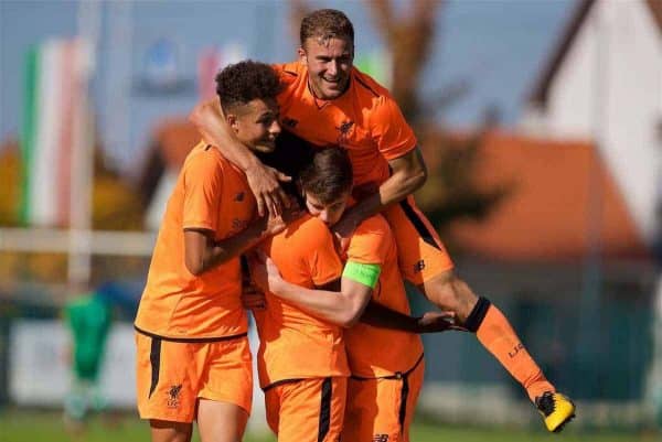 LENDAVA, SLOVENIA - Tuesday, October 17, 2017: Liverpool's Bobby Adekanye [centre] celebrates scoring the fourth goal with team-mates Curtis Jones, Herbie Kane and captain Ben Woodburn during the UEFA Youth League Group E match between NK Maribor and Liverpool at äportni Park. (Pic by David Rawcliffe/Propaganda)