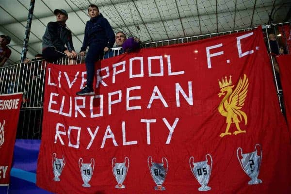 MARIBOR, SLOVENIA - Tuesday, October 17, 2017: Liverpool supporters' banner "Liverpool FC European Royalty" during the UEFA Champions League Group E match between NK Maribor and Liverpool at the Stadion Ljudski vrt. (Pic by David Rawcliffe/Propaganda)