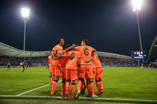 MARIBOR, SLOVENIA - Tuesday, October 17, 2017: Liverpool's Roberto Firmino celebrates scoring the fifth goal with team-mates Joel Matip and Dejan Lovren during the UEFA Champions League Group E match between NK Maribor and Liverpool at the Stadion Ljudski vrt. (Pic by David Rawcliffe/Propaganda)