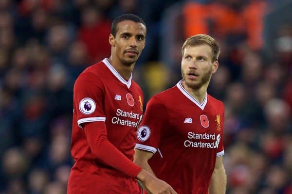 LIVERPOOL, ENGLAND - Saturday, October 28, 2017: Liverpool's Joel Matip and Ragnar Klavan during the FA Premier League match between Liverpool and Huddersfield Town at Anfield. (Pic by David Rawcliffe/Propaganda)