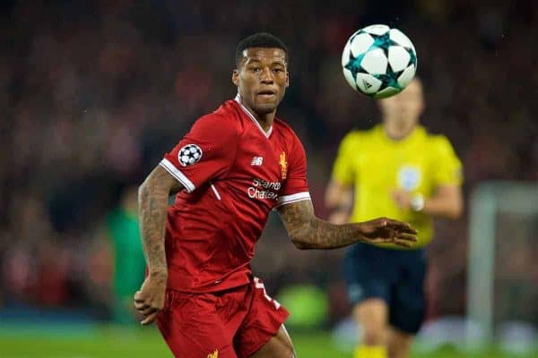 LIVERPOOL, ENGLAND - Wednesday, November 1, 2017: Liverpool's Georginio Wijnaldum during the UEFA Champions League Group E match between Liverpool FC and NK Maribor at Anfield. (Pic by David Rawcliffe/Propaganda)