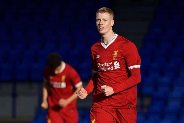 BIRKENHEAD, ENGLAND - Wednesday, November 1, 2017: Liverpool substitute Glen McAuley celebrates scoring the third goal during the UEFA Youth League Group E match between Liverpool and NK Maribor at Prenton Park. (Pic by David Rawcliffe/Propaganda)