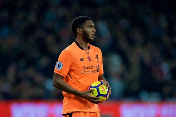 LONDON, ENGLAND - Saturday, November 4, 2017: Liverpool's Joe Gomez prepares to take a throw-in during the FA Premier League match between West Ham United FC and Liverpool FC at the London Stadium. (Pic by David Rawcliffe/Propaganda)