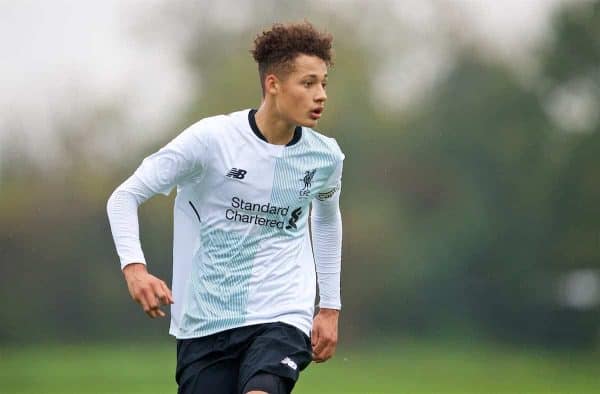 LONDON, ENGLAND - Saturday, November 4, 2017: Liverpool's captain Rhys Williams during the Under-18 Premier League Cup Group D match between West Ham United FC and Liverpool FC at Little Heath. (Pic by David Rawcliffe/Propaganda)