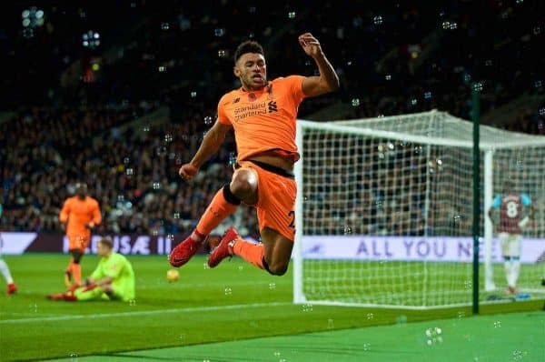 LONDON, ENGLAND - Saturday, November 4, 2017: Liverpool's Alex Oxlade-Chamberlain celebrates scoring the third goal during the FA Premier League match between West Ham United FC and Liverpool FC at the London Stadium. (Pic by David Rawcliffe/Propaganda)