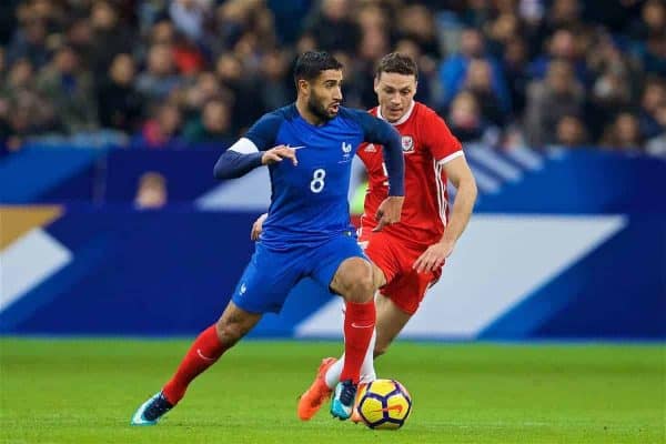 PARIS, FRANCE - Friday, November 10, 2017: Wales' James Chester and France's Nabil Fekir during the international friendly match between France and Wales at the Stade de France. (Pic by David Rawcliffe/Propaganda)