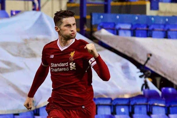 BIRKENHEAD, ENGLAND - Saturday, November 18, 2017: Liverpool's captain Corey Whelan celebrates scoring the second goal during the Under-23 FA Premier League 2 Division 1 match between Liverpool and Everton at Prenton Park. (Pic by David Rawcliffe/Propaganda)