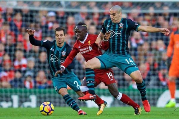 LIVERPOOL, ENGLAND - Saturday, October 28, 2017: Liverpool's Sadio Mane is challenged by Southampton's Cedric Soares and Oriol Romeu during the FA Premier League match between Liverpool and Southampton at Anfield. (Pic by David Rawcliffe/Propaganda)