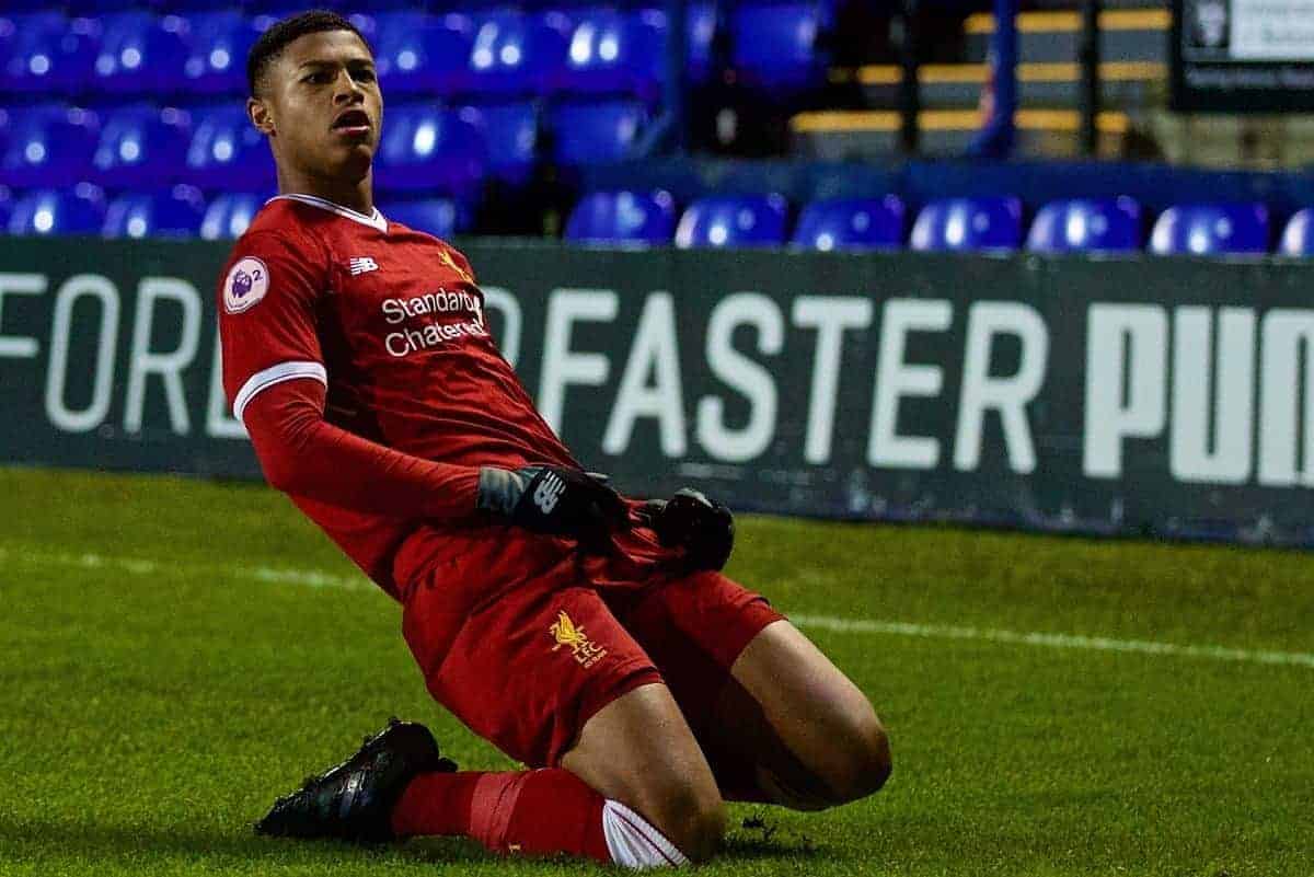 BIRKENHEAD, ENGLAND - Saturday, November 18, 2017: Liverpool's Rhian Brewster celebrates scoring the third goal during the Under-23 FA Premier League 2 Division 1 match between Liverpool and Everton at Prenton Park. (Pic by David Rawcliffe/Propaganda)