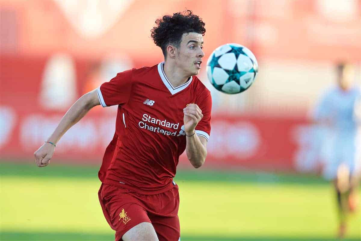 SEVILLE, SPAIN - Tuesday, November 21, 2017: Liverpool's Curtis Jones during the UEFA Youth League Group E match between Sevilla FC and Liverpool FC at the Ciudad Deportiva Jose Ramon Cisneros. (Pic by David Rawcliffe/Propaganda)