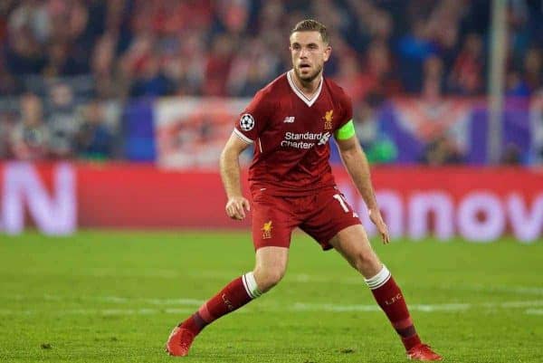 SEVILLE, SPAIN - Tuesday, November 21, 2017: Liverpool's captain Jordan Henderson during the UEFA Champions League Group E match between Sevilla FC and Liverpool FC at the Estadio RamÛn S·nchez Pizju·n. (Pic by David Rawcliffe/Propaganda)